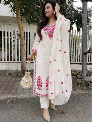Amrah Wholesale Navya Kurti 281 Cotton Embroidered Kurti Pant Dupatta Set - Amrah Wholesale