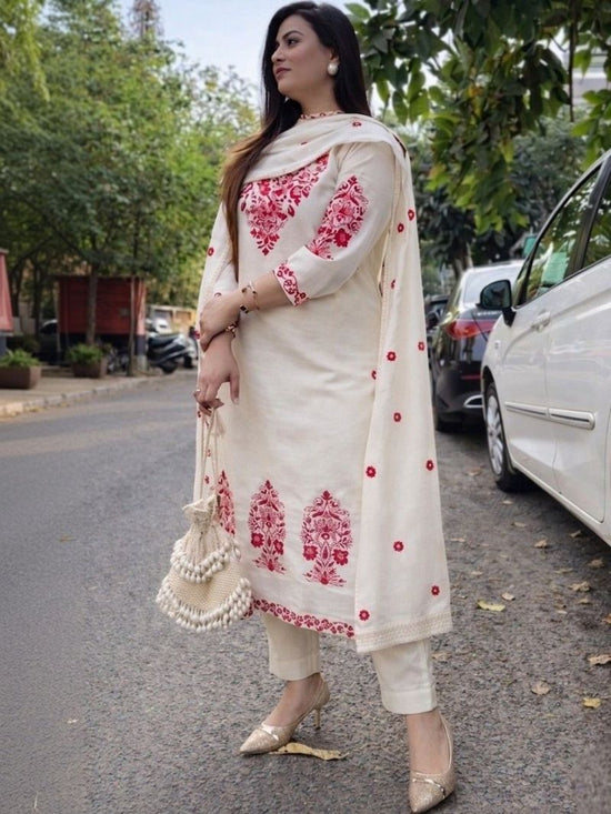 Amrah Wholesale Navya Kurti 281 Cotton Embroidered Kurti Pant Dupatta Set