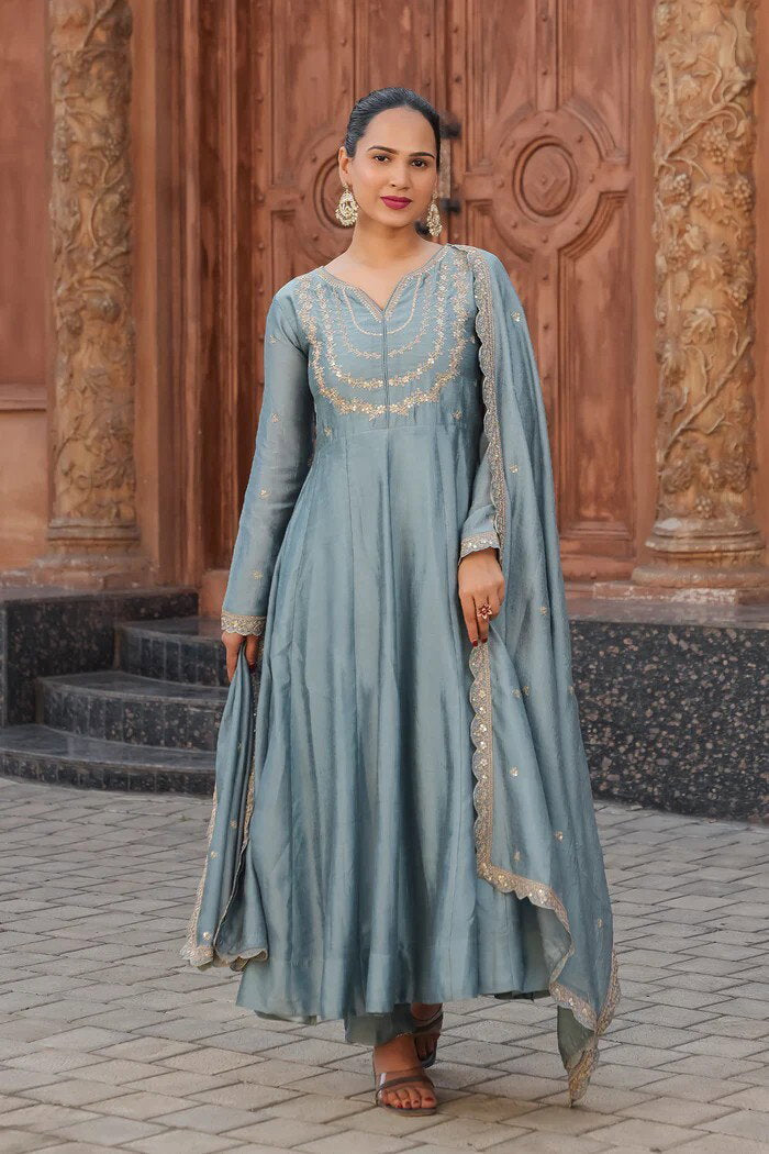 Amrah Wholesale Navya Kurti 287 Vichitra Silk Embroidered Kurti Pant Dupatta Set