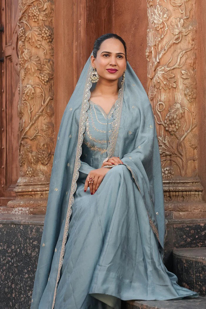 Amrah Wholesale Navya Kurti 287 Vichitra Silk Embroidered Kurti Pant Dupatta Set