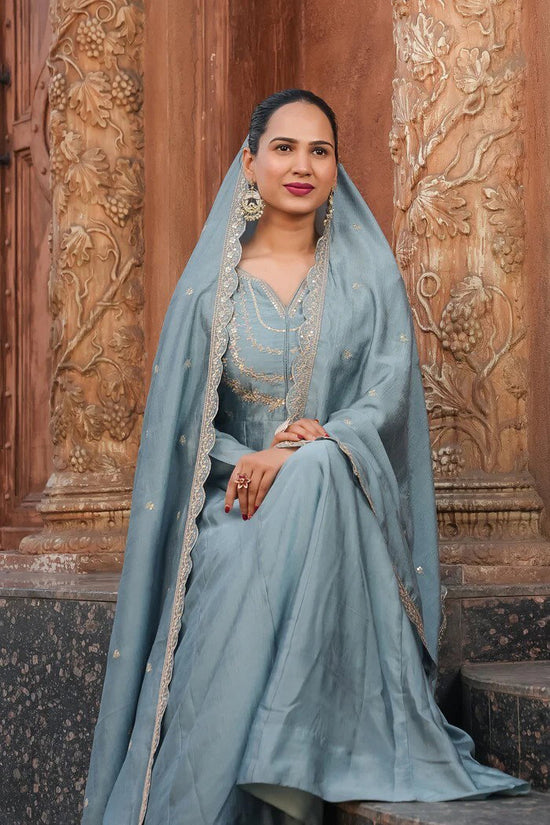 Amrah Wholesale Navya Kurti 287 Vichitra Silk Embroidered Kurti Pant Dupatta Set
