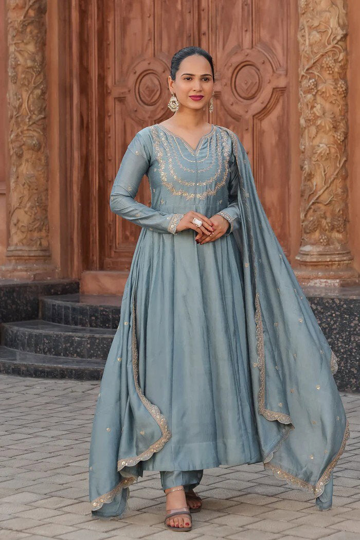 Amrah Wholesale Navya Kurti 287 Vichitra Silk Embroidered Kurti Pant Dupatta Set