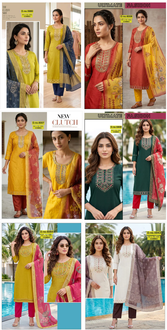 Amrah Wholesale Paavi Combo Vertican Silk Kurti Pant Dupatta Set