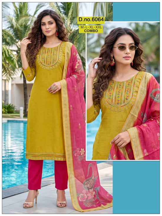 Amrah Wholesale Paavi Combo Vertican Silk Kurti Pant Dupatta Set