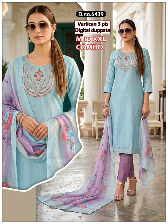 Amrah Wholesale Paavi Combo Vertican Silk Kurti Pant Dupatta Set