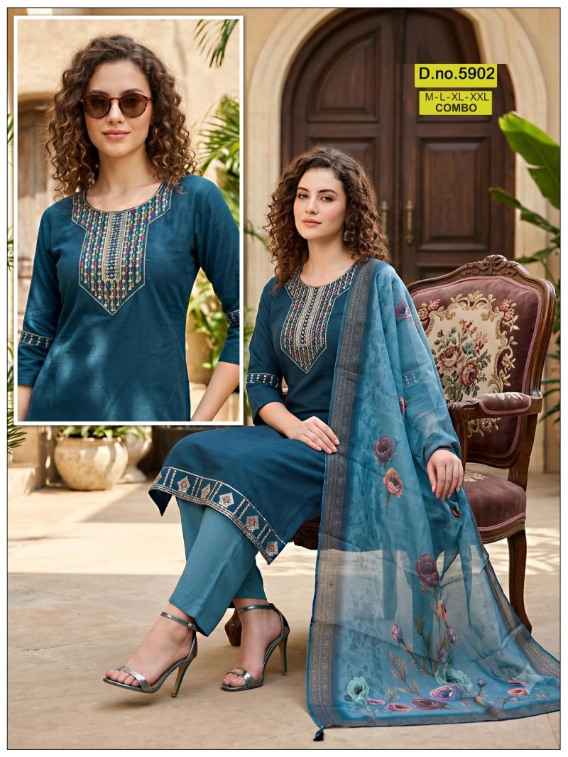 Amrah Wholesale Paavi Combo Vertican Silk Kurti Pant Dupatta Set