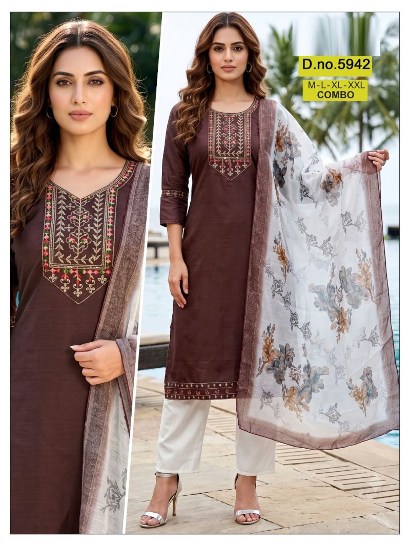 Amrah Wholesale Paavi Combo Vertican Silk Kurti Pant Dupatta Set