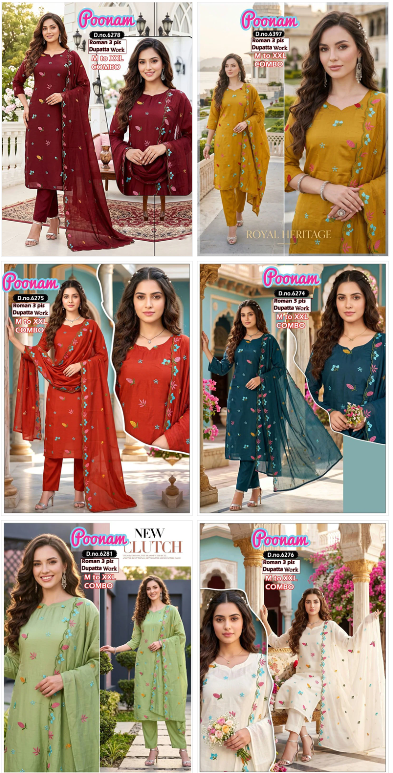 Amrah Wholesale Poonam Combo Roman Silk Kurti Pant Dupatta Set