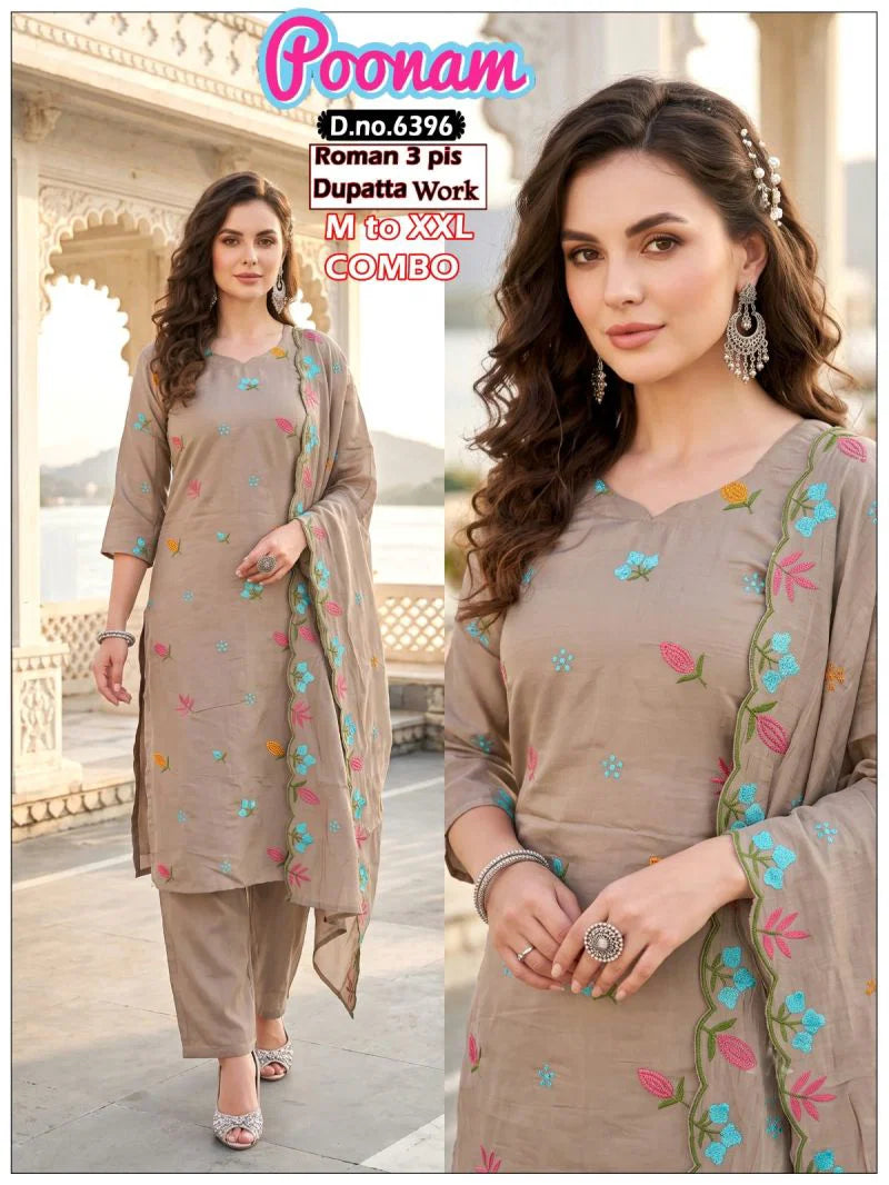 Amrah Wholesale Poonam Combo Roman Silk Kurti Pant Dupatta Set