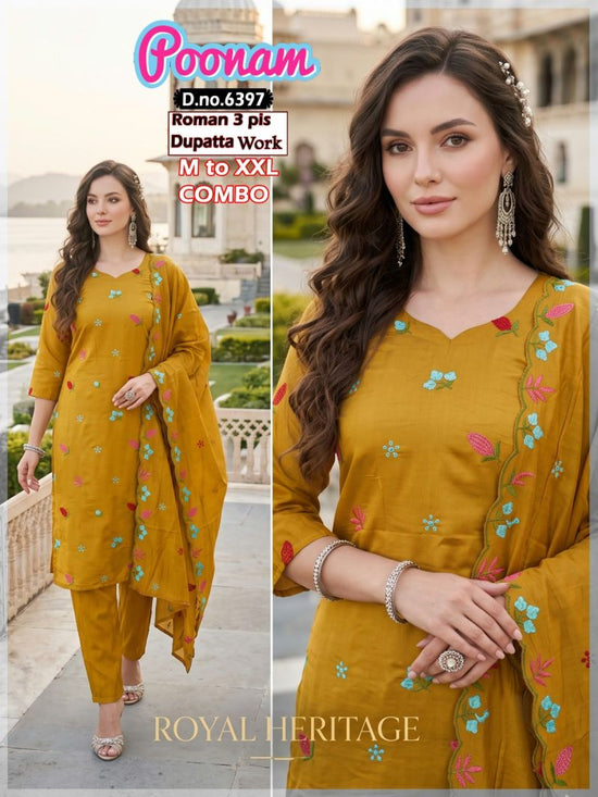 Amrah Wholesale Poonam Combo Roman Silk Kurti Pant Dupatta Set