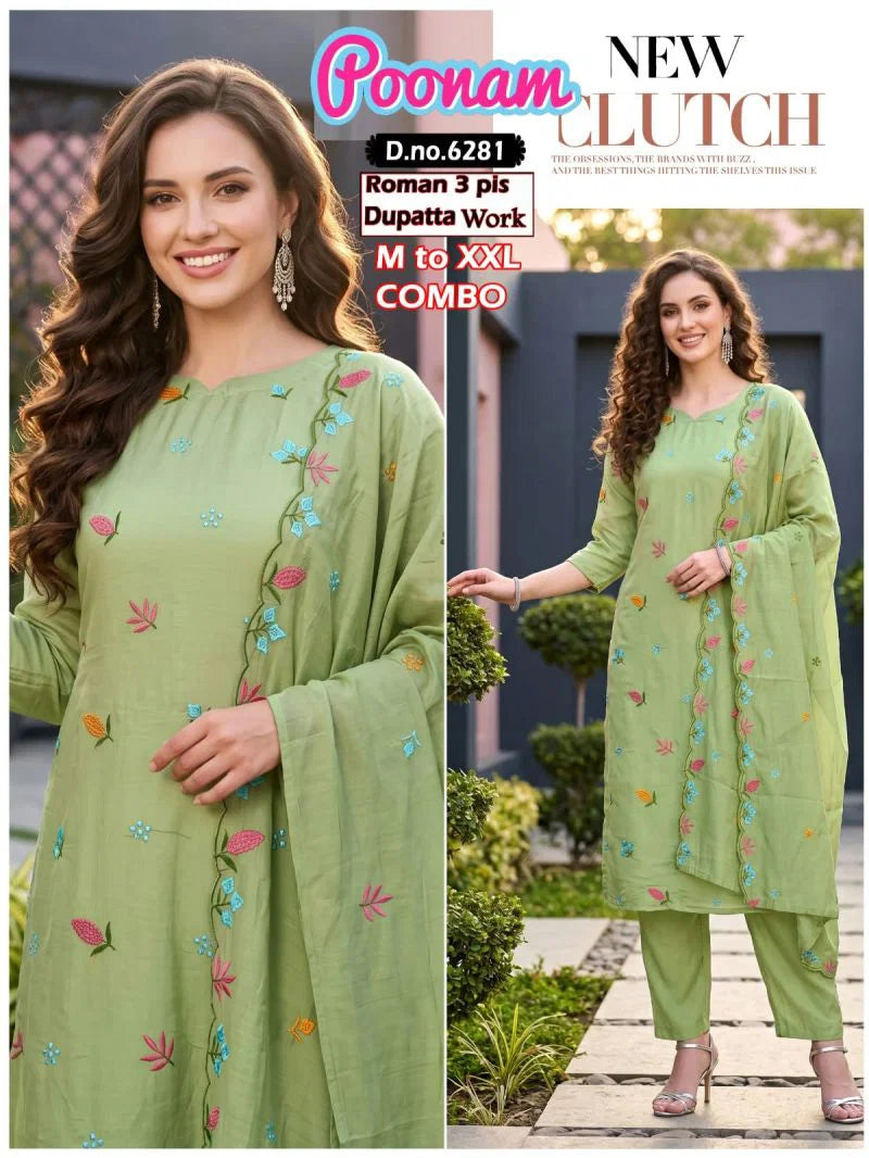 Amrah Wholesale Poonam Combo Roman Silk Kurti Pant Dupatta Set