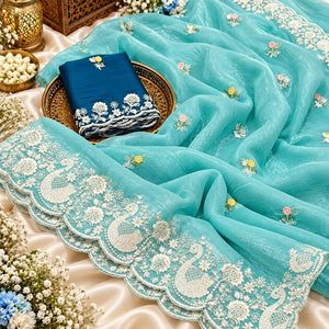 Amrah Wholesale Pringlles Ah Crunchy Peacock Embroidered Saree