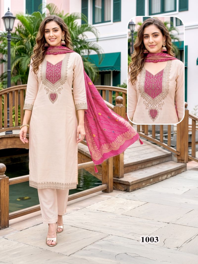 Amrah Wholesale Punnya Combo Coral Kurti Pant Dupatta Set