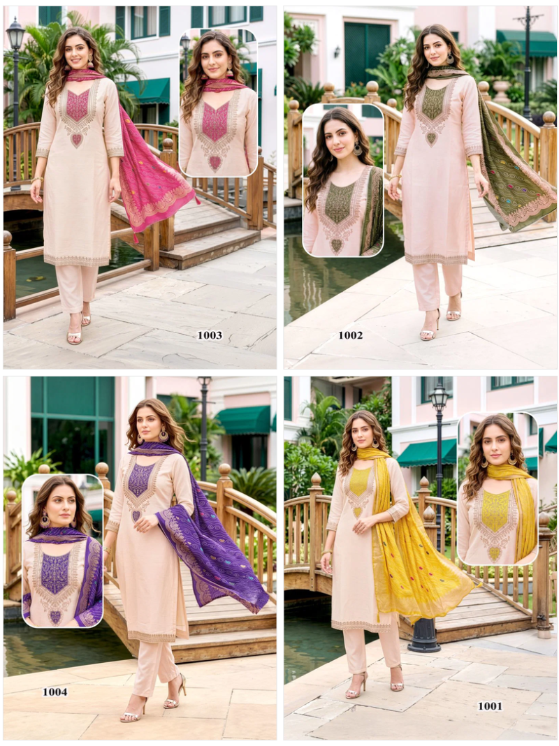 Amrah Wholesale Punnya Combo Coral Kurti Pant Dupatta Set