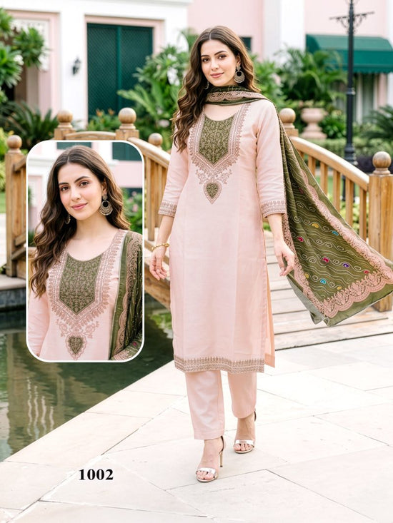 Amrah Wholesale Punnya Combo Coral Kurti Pant Dupatta Set