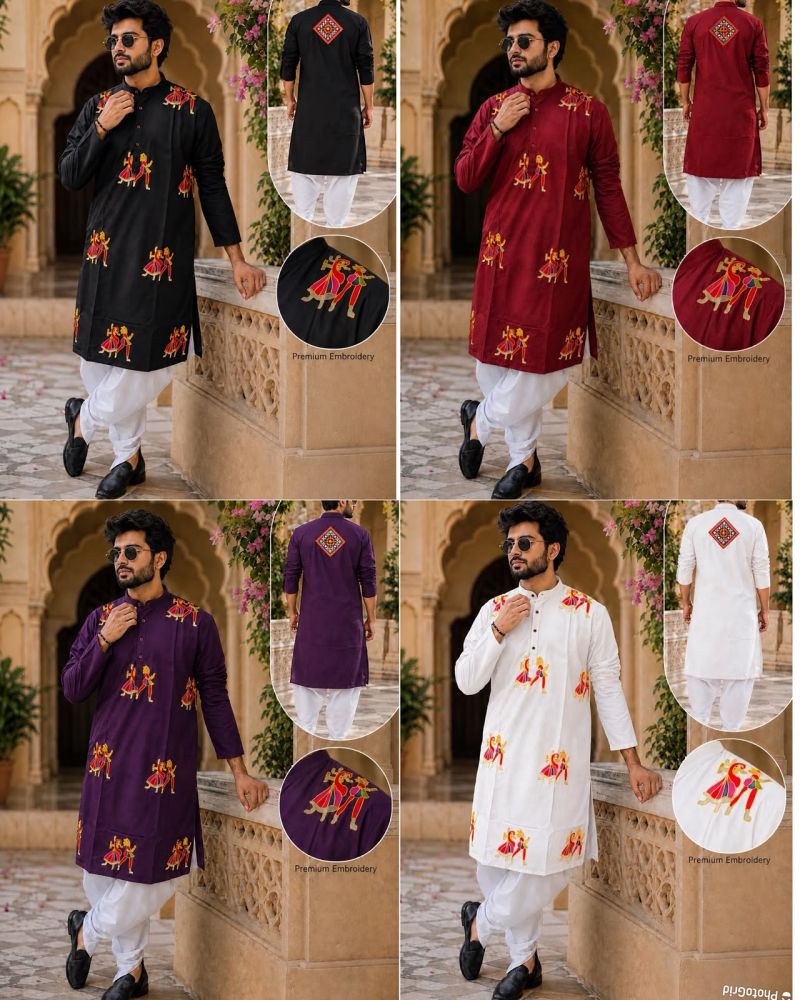 Amrah Wholesale Rangoli Vol 1 Flex Cotton Embroidered Men Kurta Dhoti Set
