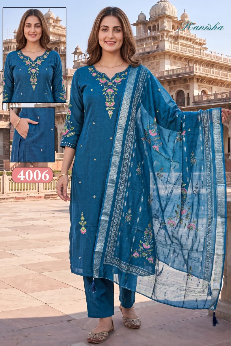 Amrah Wholesale Ranisa Vol 1 Roman Silk Kurti Pant Dupatta Set