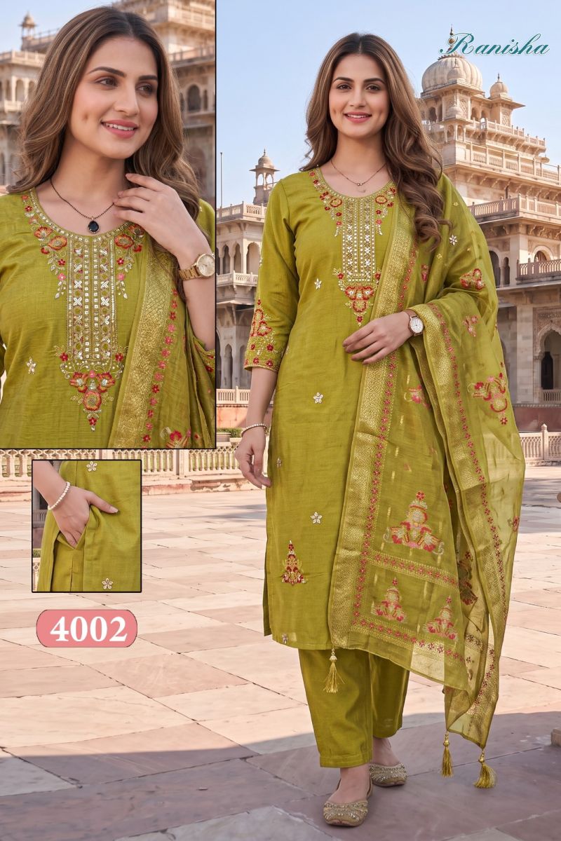 Amrah Wholesale Ranisa Vol 1 Roman Silk Kurti Pant Dupatta Set