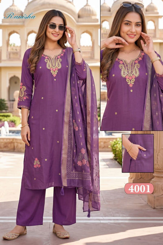 Amrah Wholesale Ranisa Vol 1 Roman Silk Kurti Pant Dupatta Set