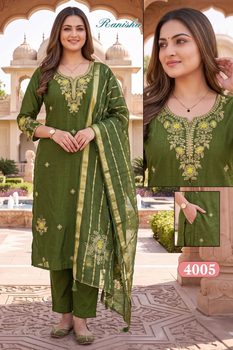 Amrah Wholesale Ranisa Vol 1 Roman Silk Kurti Pant Dupatta Set