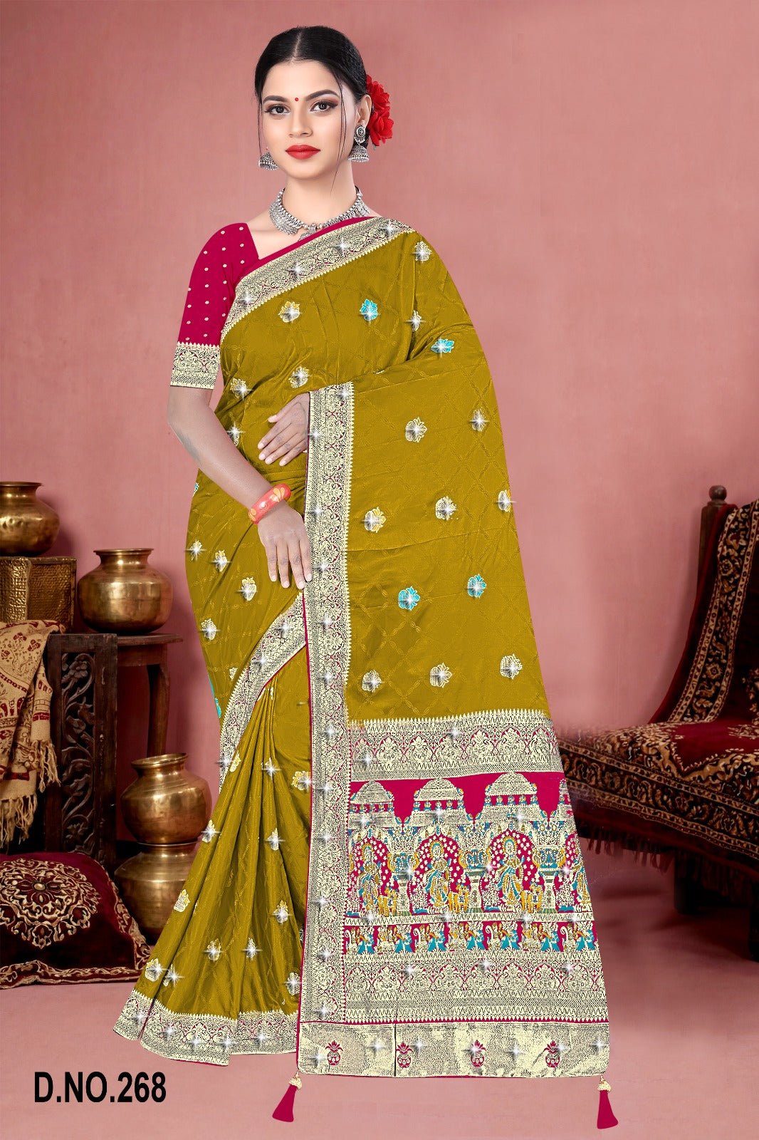 Amrah Wholesale Reva Kasturi Nylone Sattin Swaroski Vol 1 Satin Contrast Pallu Saree - Amrah Wholesale