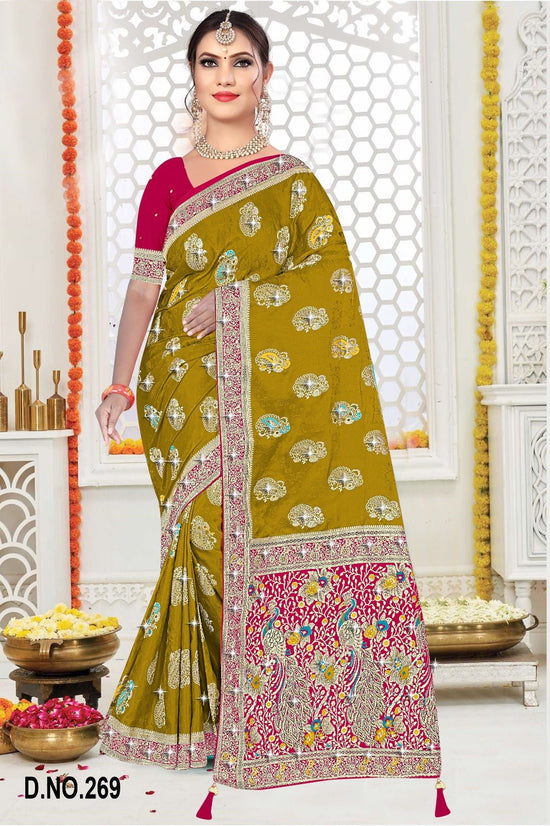 Amrah Wholesale Reva Kasturi Nylone Sattin Swaroski Vol 2 Satin Contrast Pallu Saree - Amrah Wholesale