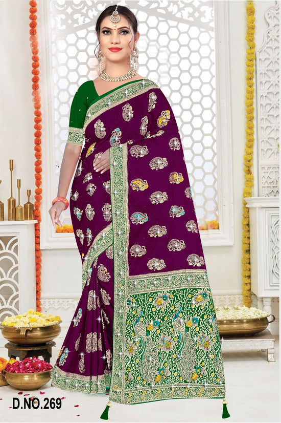 Amrah Wholesale Reva Kasturi Nylone Sattin Swaroski Vol 2 Satin Contrast Pallu Saree - Amrah Wholesale