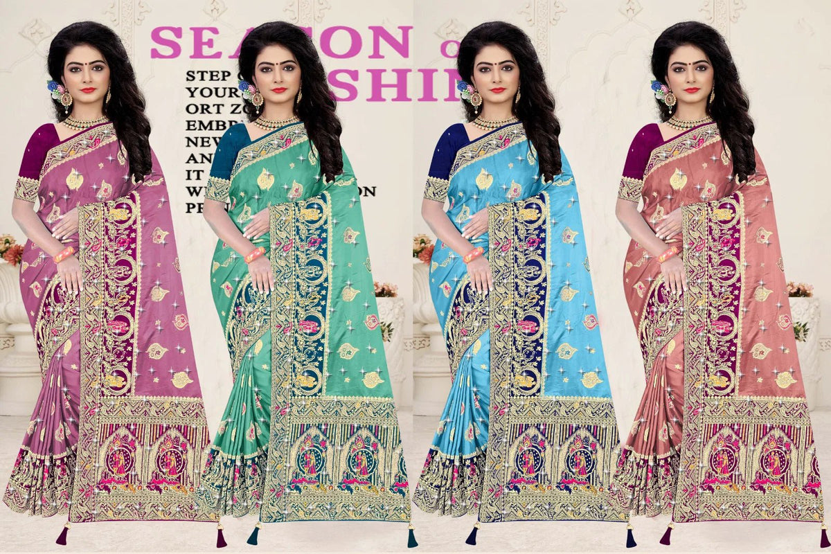 Amrah Wholesale Reva Panghat Nylone Sattin Swaroski Vol 1 Satin Saree - Amrah Wholesale
