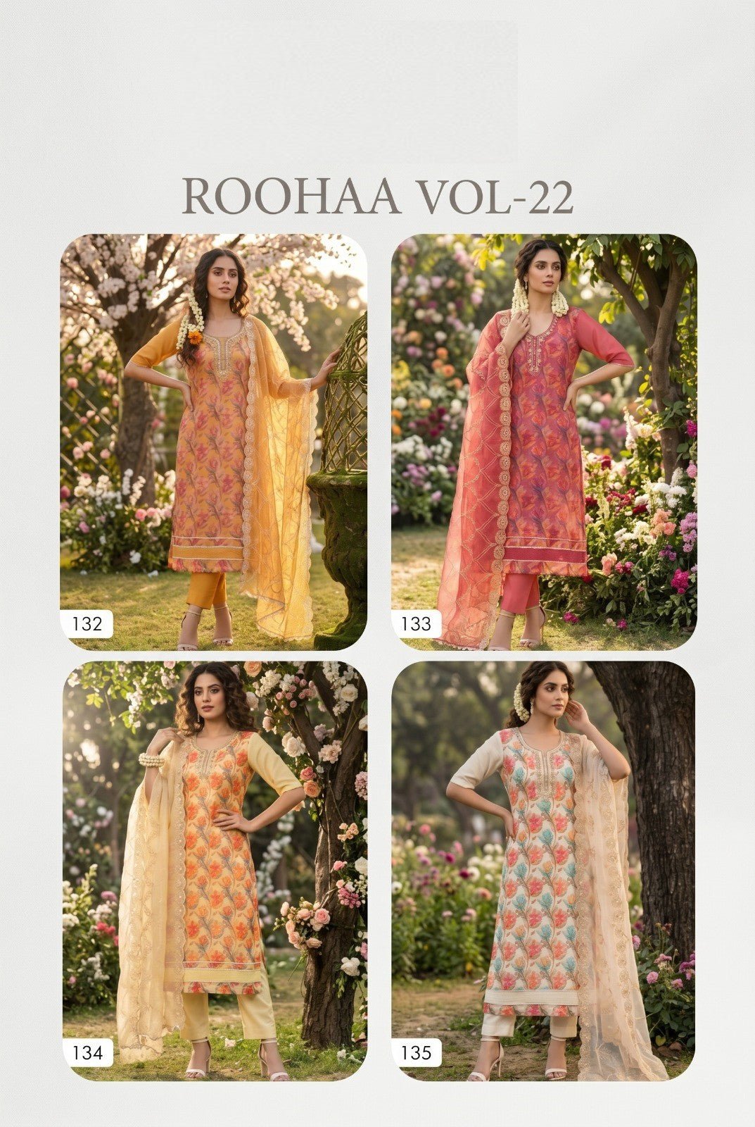 Amrah Wholesale Roohaa Vol 22 Organza Kurti Pant Dupatta Set - Amrah Wholesale