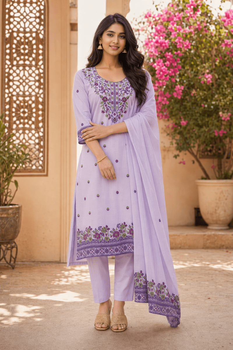 Amrah Wholesale Sa Gopi Cotton Jamdani Embroidered Kurti Pant Dupatta Set - Amrah Wholesale