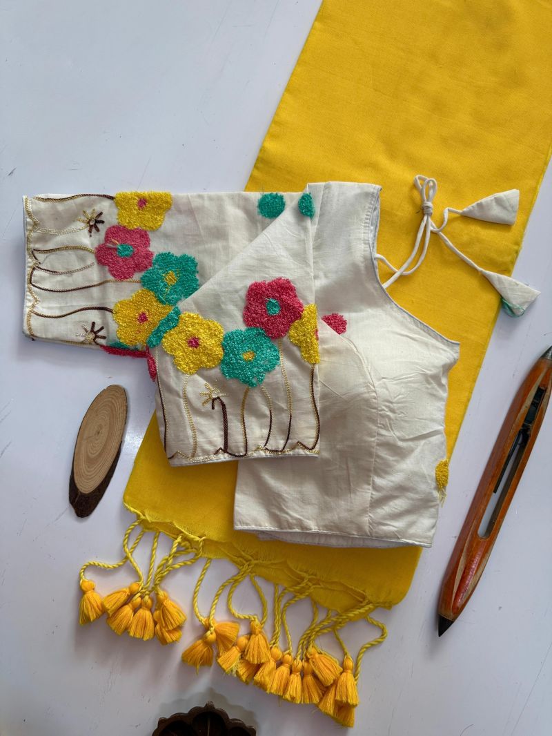 Amrah Wholesale Sccf Ready U Khadi Cotton Embroidered Saree with Ready-Made Blouse