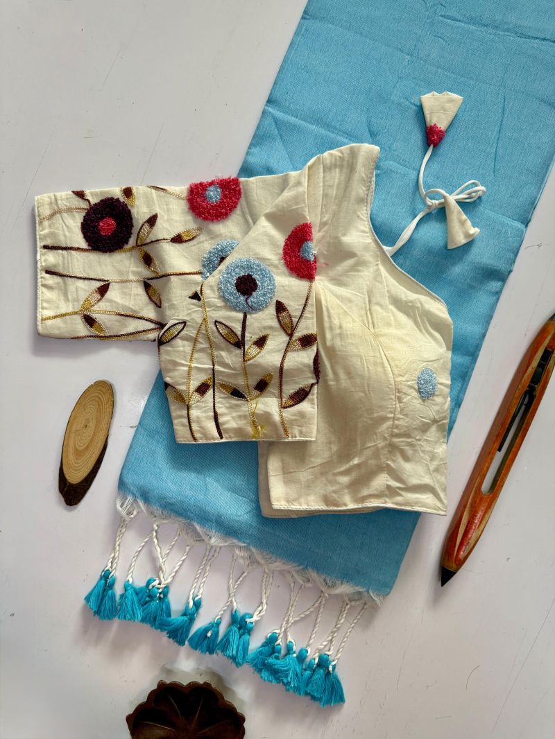 Amrah Wholesale Sccf Ready U Khadi Cotton Embroidered Saree with Ready-Made Blouse