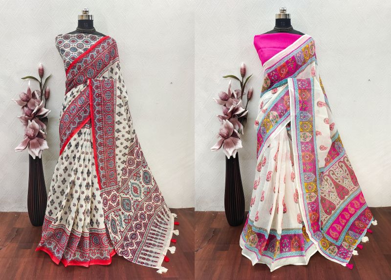 Amrah Wholesale Schc Swara R Linen Ajrakh Printed Saree