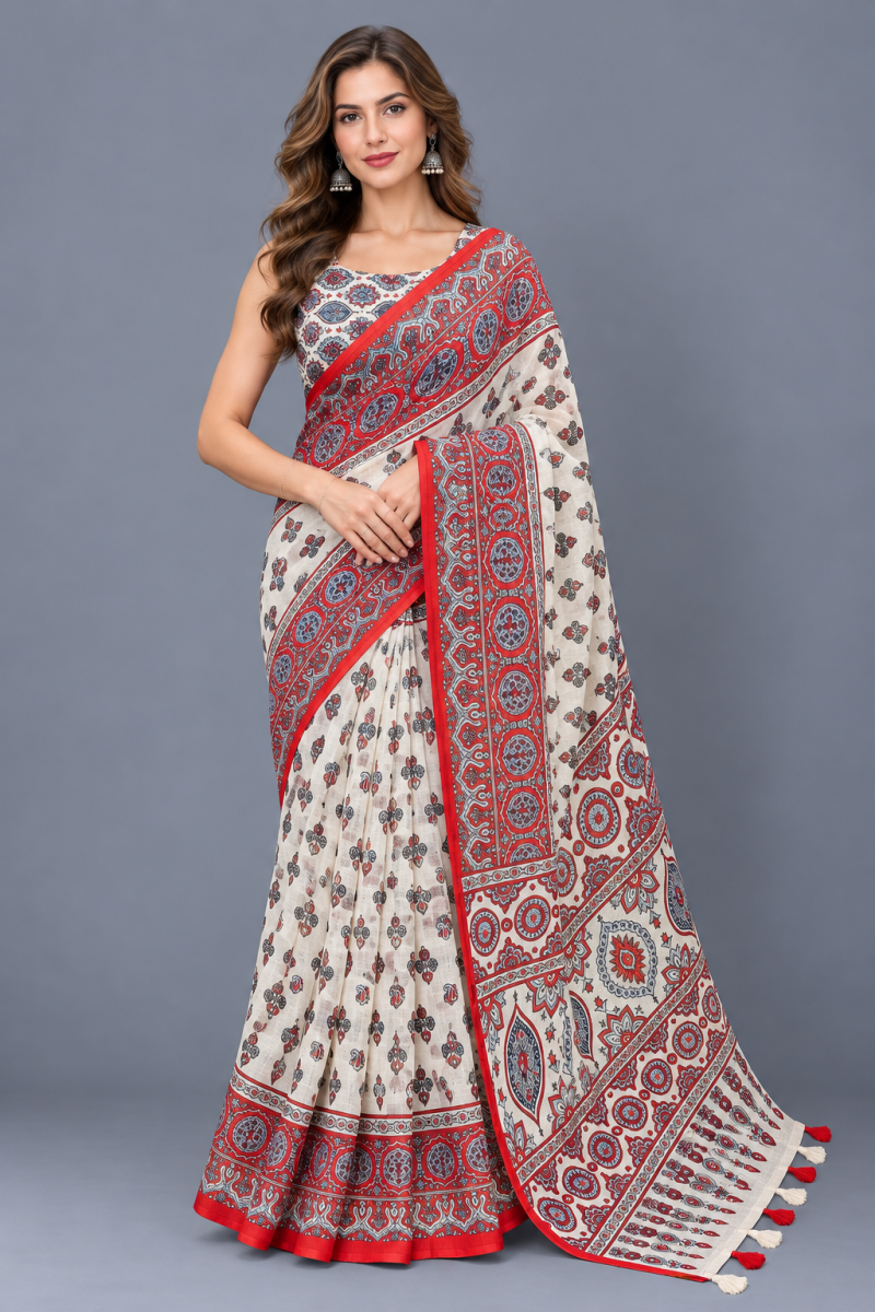 Amrah Wholesale Schc Swara R Linen Ajrakh Printed Saree