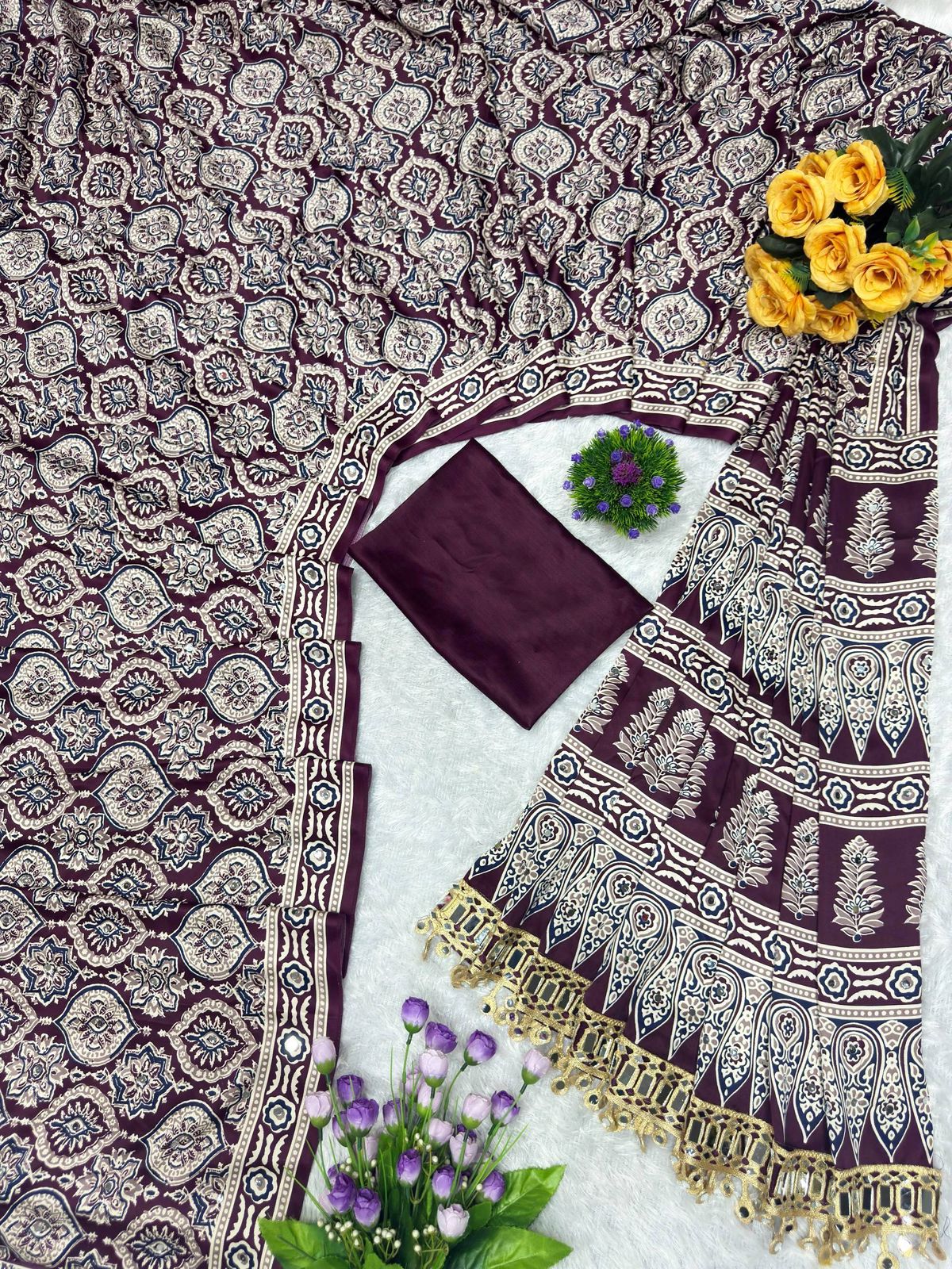 Amrah Wholesale St D No 142 Satin Viscose Silk Ajrakh Print Mirror Work Saree - Amrah Wholesale