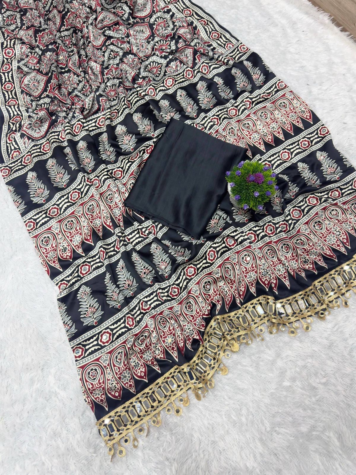 Amrah Wholesale St D No 142 Satin Viscose Silk Ajrakh Print Mirror Work Saree - Amrah Wholesale