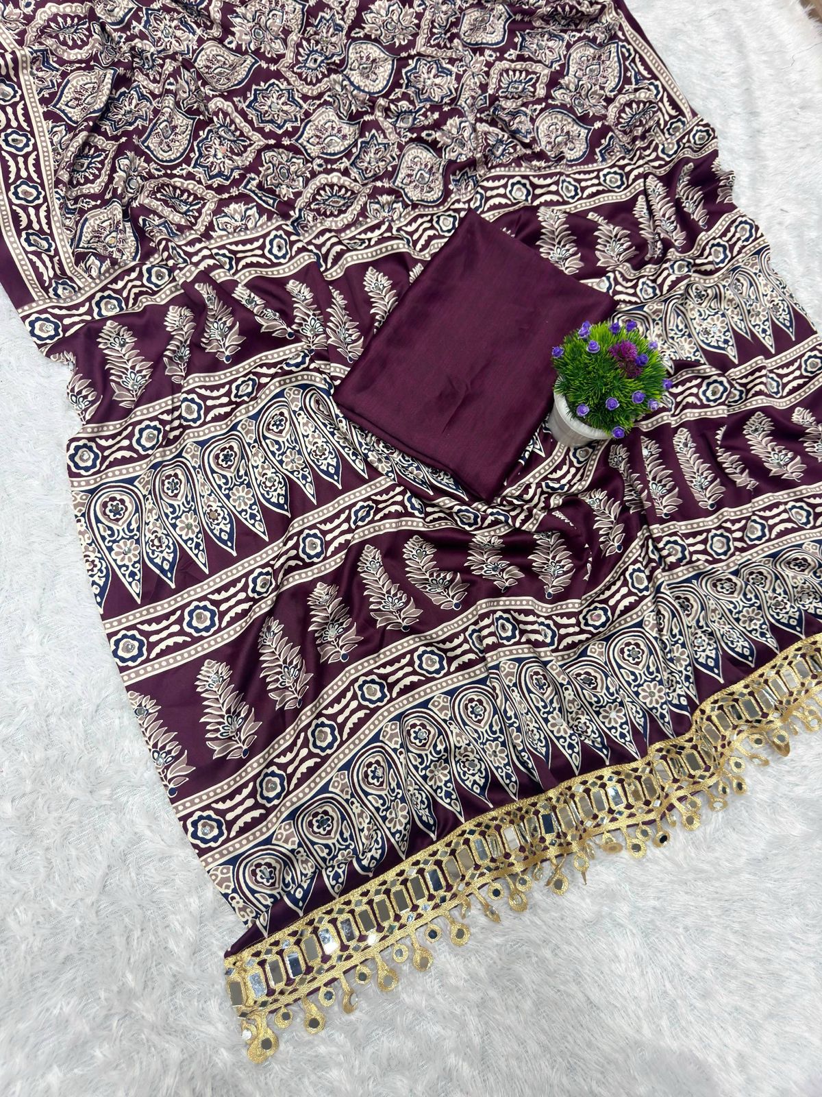 Amrah Wholesale St D No 142 Satin Viscose Silk Ajrakh Print Mirror Work Saree - Amrah Wholesale