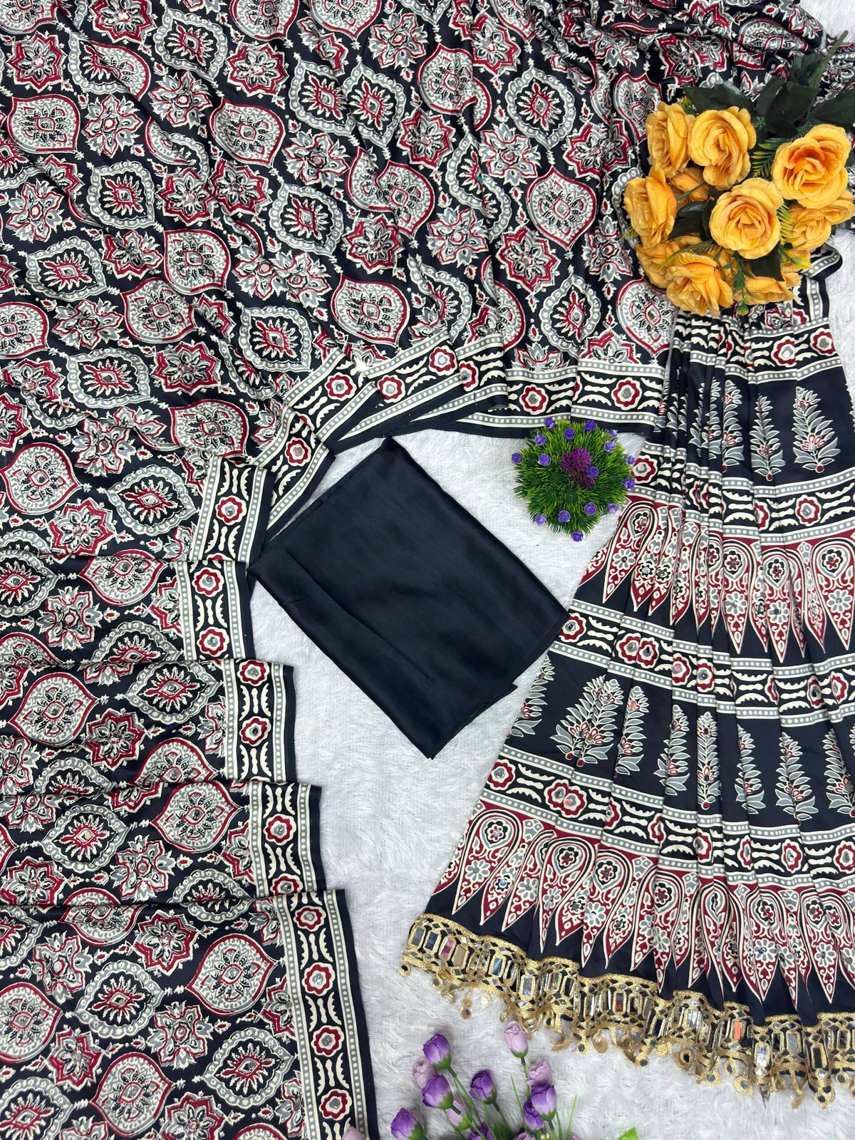Amrah Wholesale St D No 142 Satin Viscose Silk Ajrakh Print Mirror Work Saree - Amrah Wholesale
