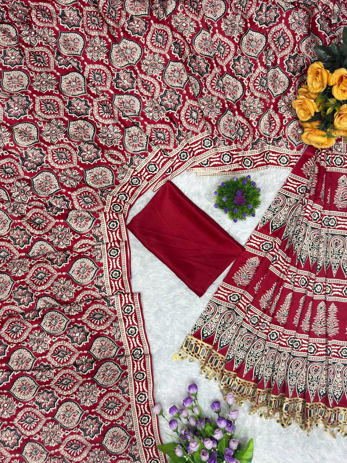 Amrah Wholesale St D No 142 Satin Viscose Silk Ajrakh Print Mirror Work Saree - Amrah Wholesale