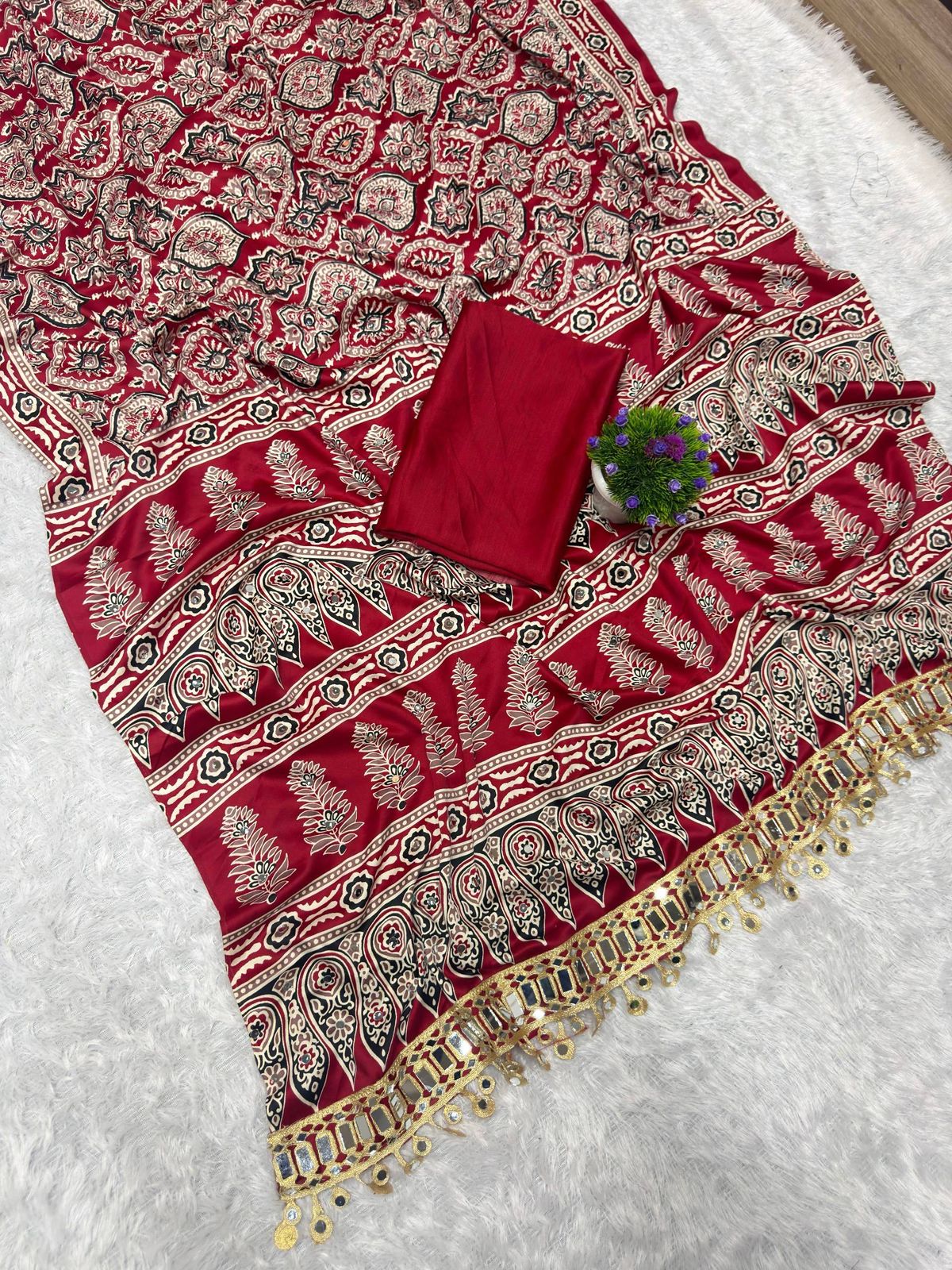 Amrah Wholesale St D No 142 Satin Viscose Silk Ajrakh Print Mirror Work Saree - Amrah Wholesale