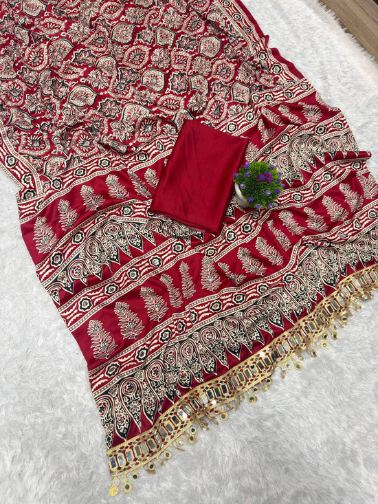 Amrah Wholesale St D No 142 Satin Viscose Silk Ajrakh Print Mirror Work Saree - Amrah Wholesale