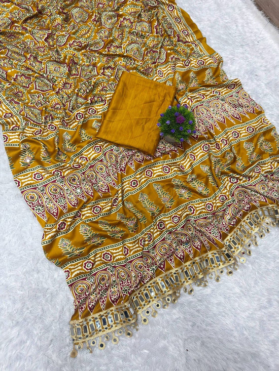 Amrah Wholesale St D No 142 Satin Viscose Silk Ajrakh Print Mirror Work Saree - Amrah Wholesale