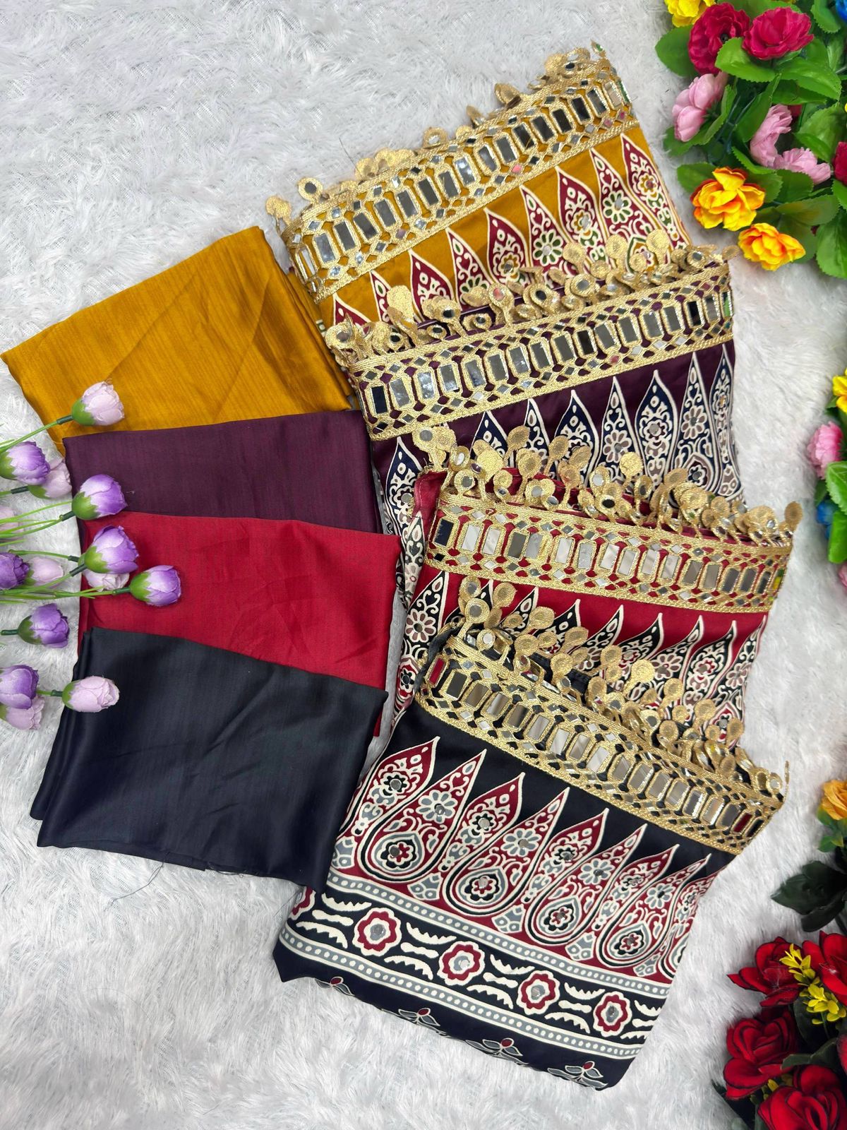 Amrah Wholesale St D No 142 Satin Viscose Silk Ajrakh Print Mirror Work Saree - Amrah Wholesale