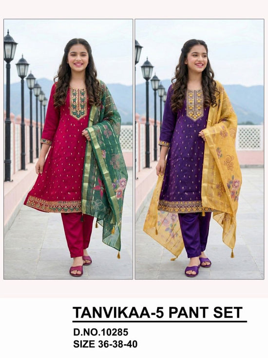 Amrah Wholesale Tanvikaa 10285 Roman Glass Embroidered Kurti Pant Dupatta Set