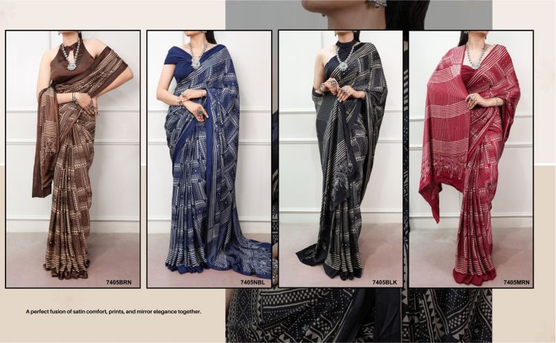 Amrah Wholesale Taraa L 7405 Satin Silk Ajrakh Printed Saree - Amrah Wholesale
