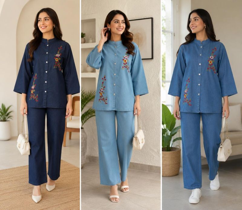 Amrah Wholesale Tlc Vol 09 Denim Embroidered Co Ord Set - Amrah Wholesale