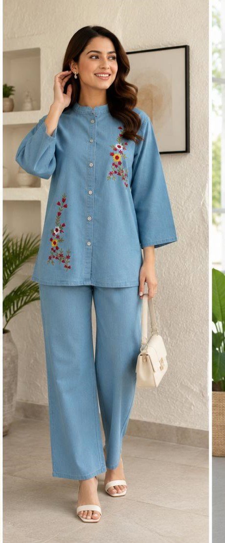 Amrah Wholesale Tlc Vol 09 Denim Embroidered Co Ord Set - Amrah Wholesale