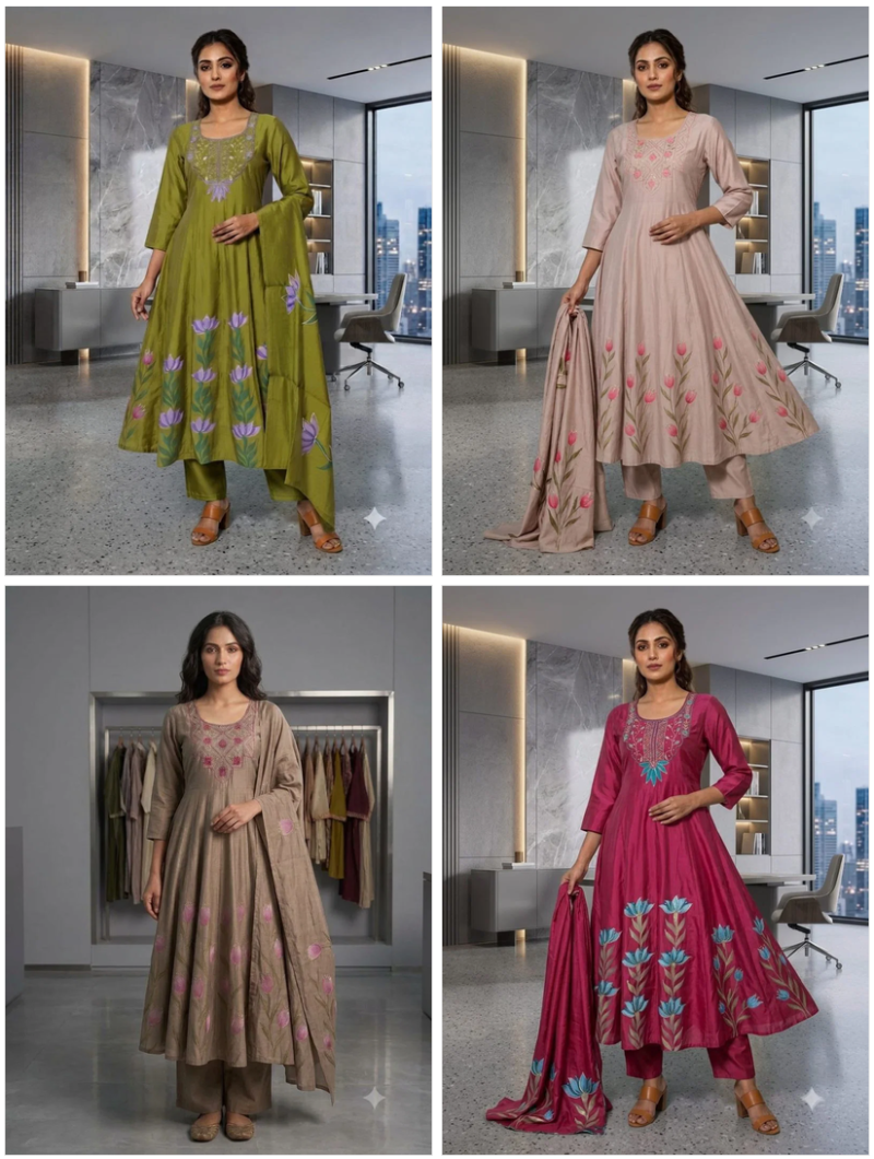 Amrah Wholesale Tlc Vol 140 Roman Silk Hand Work Anarkali Kurti Pant Dupatta Set