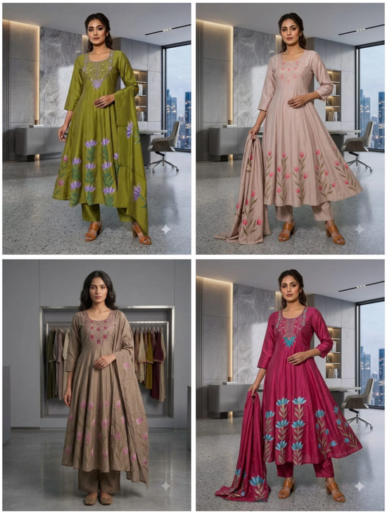 Amrah Wholesale Tlc Vol 140 Roman Silk Hand Work Anarkali Kurti Pant Dupatta Set