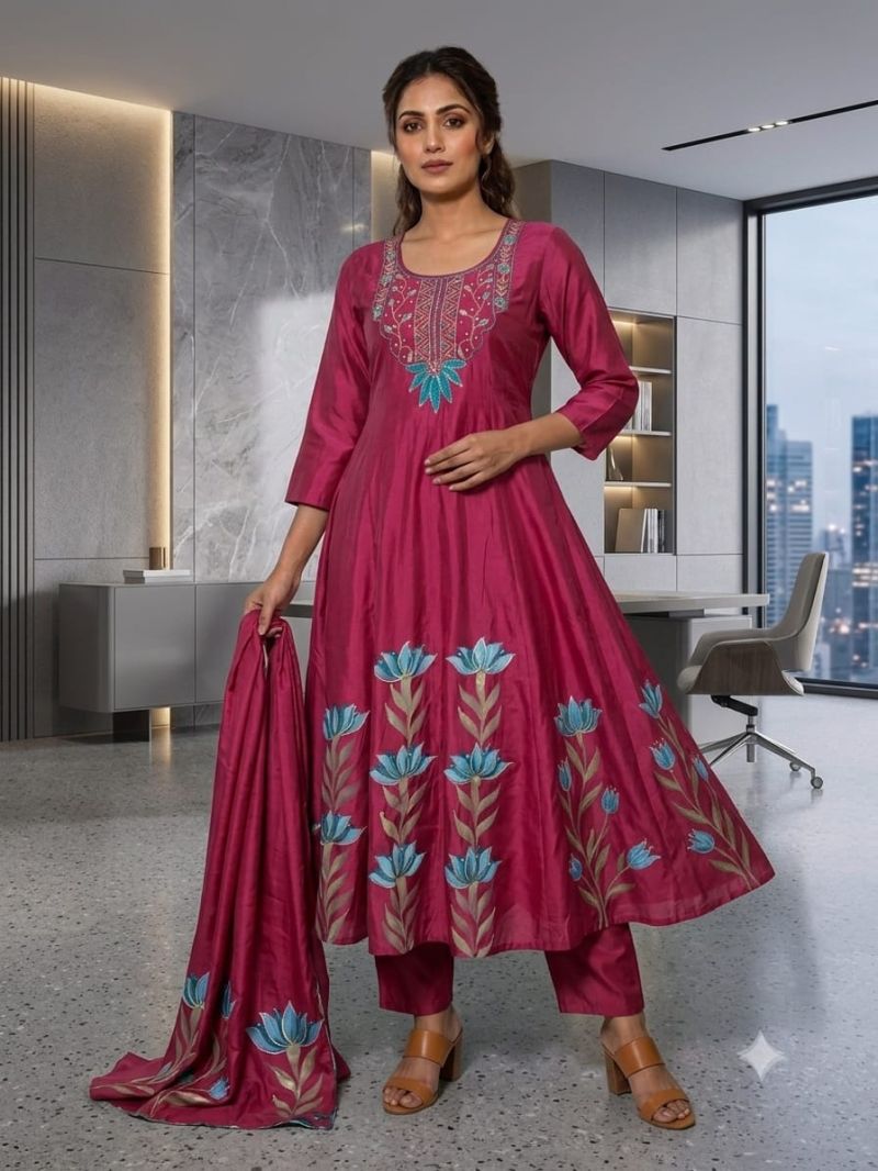 Amrah Wholesale Tlc Vol 140 Roman Silk Hand Work Anarkali Kurti Pant Dupatta Set